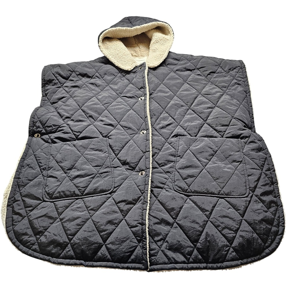 Anthropologie Quilted Hooded Poncho One Size Black Faux Shearling Lined Pockets